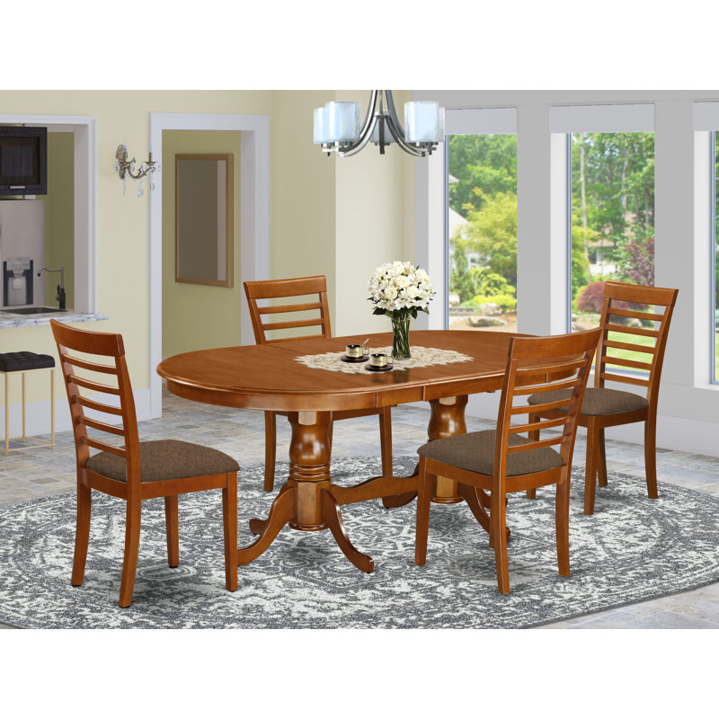 5 Piece Dining Set Includes an Oval Dining Room Table with Butterfly Leaf and 4 Linen Fabric Kitchen Chairs, Saddle Brown
