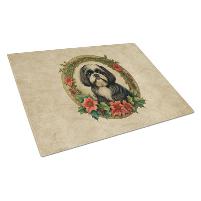 Shih Tzu Christmas Flowers Glass Cutting Board