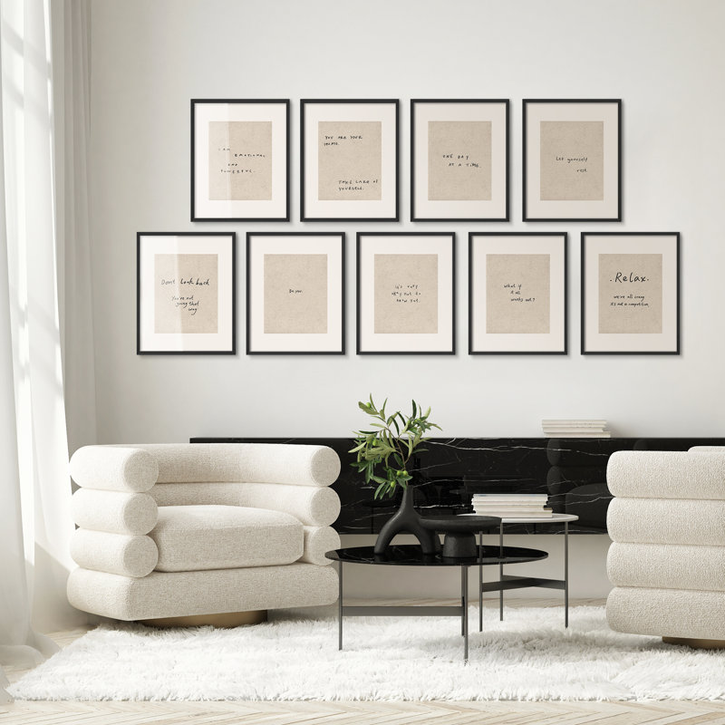 9-Piece Framed Inspirational Quote Wall Art Set – Minimalist Motivational Typography Prints on Neutral Background for Modern Living Room or Office Décor