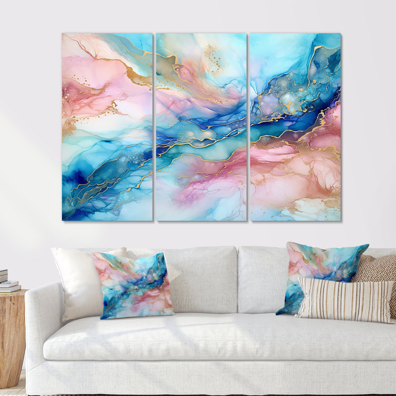 «Pink and Blue Glacier Sunrise I», ensemble d'art mural sur toile à formes abstraites, H 28 po x l 36 po x P 1 po