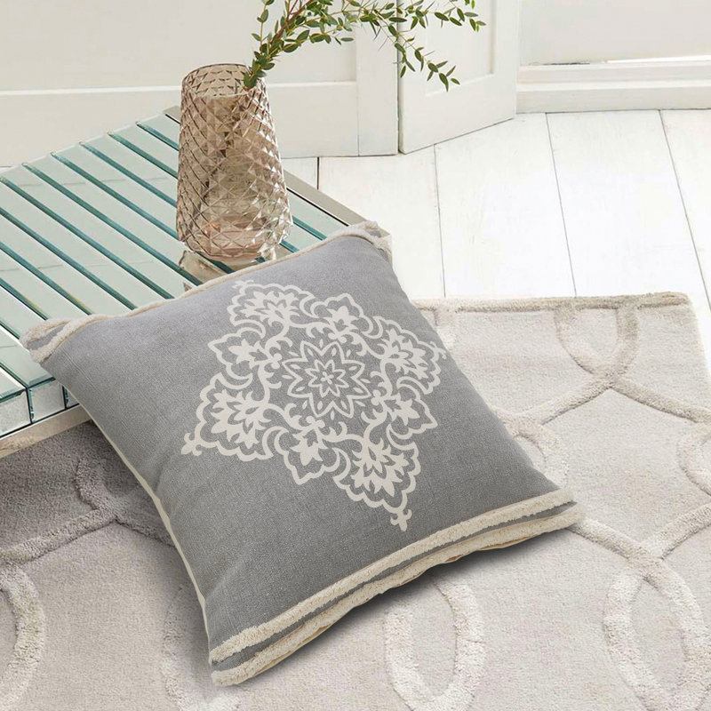 24" X 24" Light Grey And White 100% Cotton Geometric Zippered Pillow