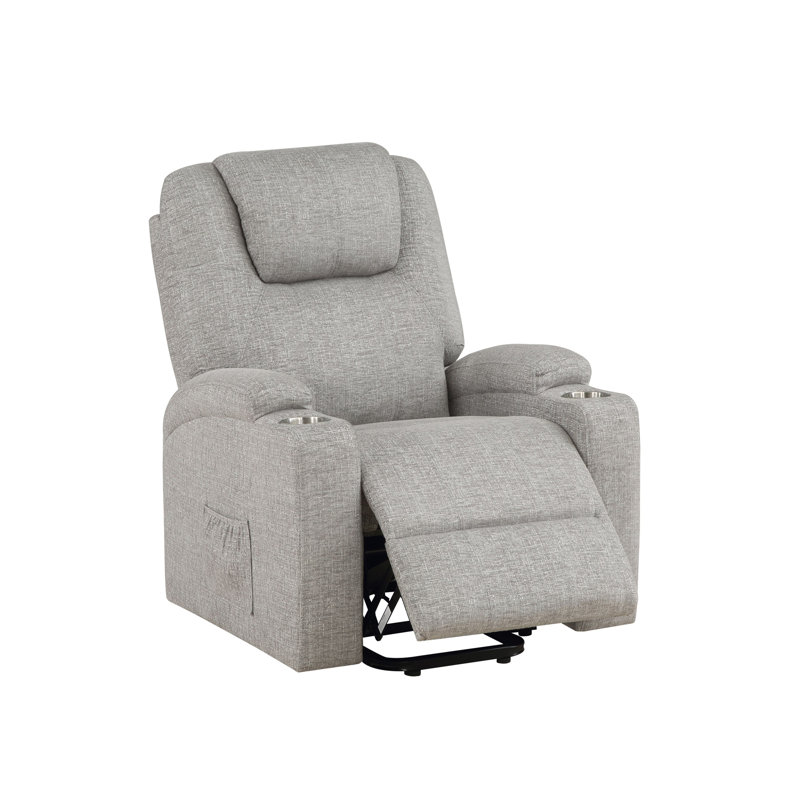 Fauteuil inclinable en chenille gris clair avec lève-personne électrique et massage