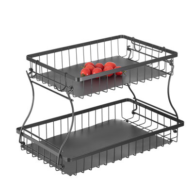 2 Tier Fruit Basket, Countertop Fruits Vegetable Bowl with Banana Hangers, Metal Wire Storage Stand for Kitchen Counter, Detachable Stackable Holder Organizer for Bread Snack Veggies, Black