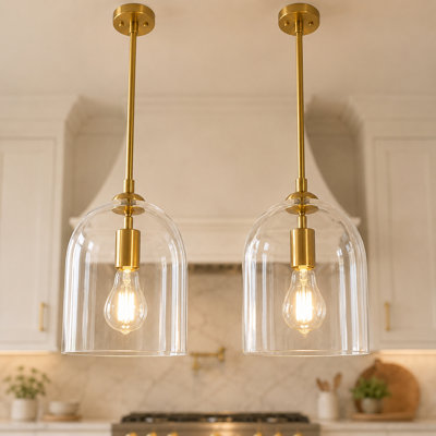 Luminaire suspendu pour îlot de cuisine 1 lumière à intensité variable avec cloche en verre transparent (ensemble de 2)
