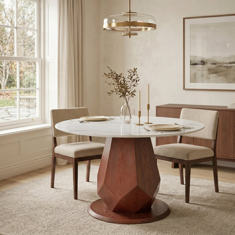 Round Geometric Pedestal Dining Table For 2/4, Durable Kitchen Dining Table With Stong Stability, White