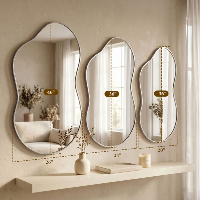 Miroir mural irrégulier en verre trempé et alliage d'aluminium, 46 po x 26 po, Argent