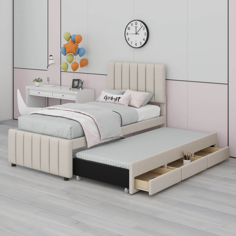 Lit simple avec lit gigogne escamotable et 3 tiroirs de rangement en dessous, lit plateforme simple tapissier en lin, Beige