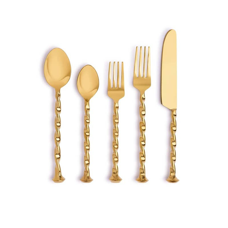 5 Pc Flatware Set with Wooden Handles, Gold