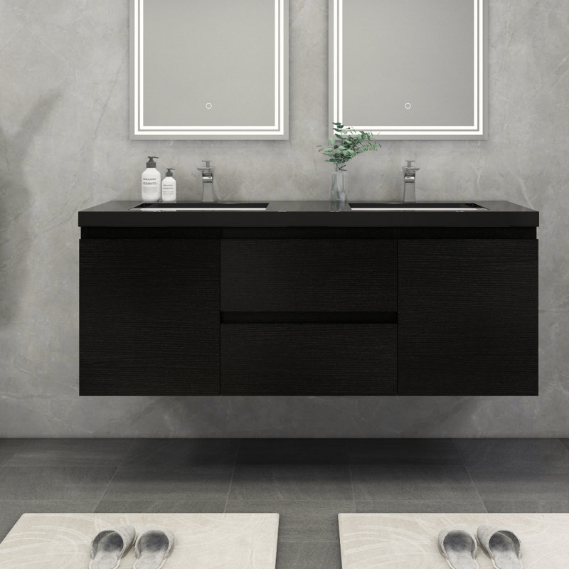 Castin 60" Wall-Mounted Double Bathroom Vanity Set, Rich Matt Black