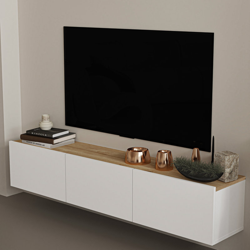 Ronnye Floating TV Stand Up to 80" TV's Wall Mounted Media Console, White/Light Oak