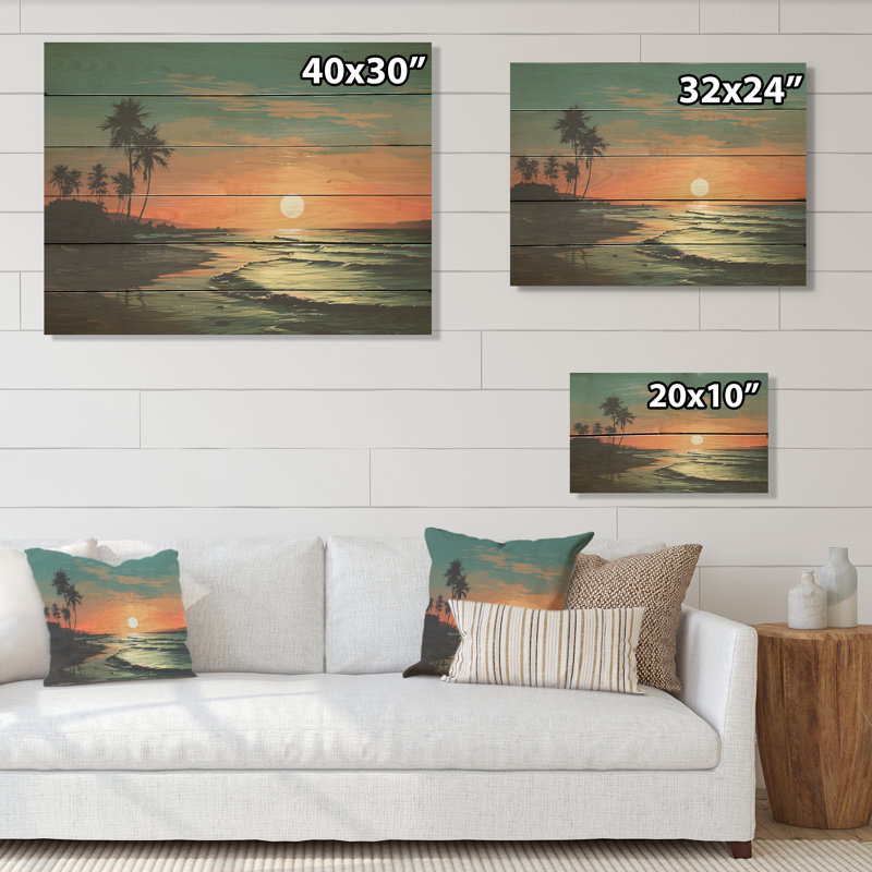 Sarcelle, escapade tropicale, coucher de soleil - palmiers et palmiers, art sur bois de pin naturel, H 24 po x l 32 po
