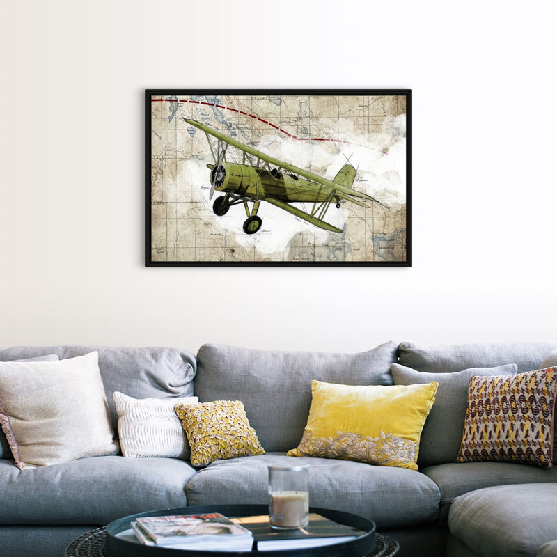 Biplane, impression d’art graphique sur toile, H 34 po x l 50 po x P 1,75 po, Toile avec cadre flottant noir
