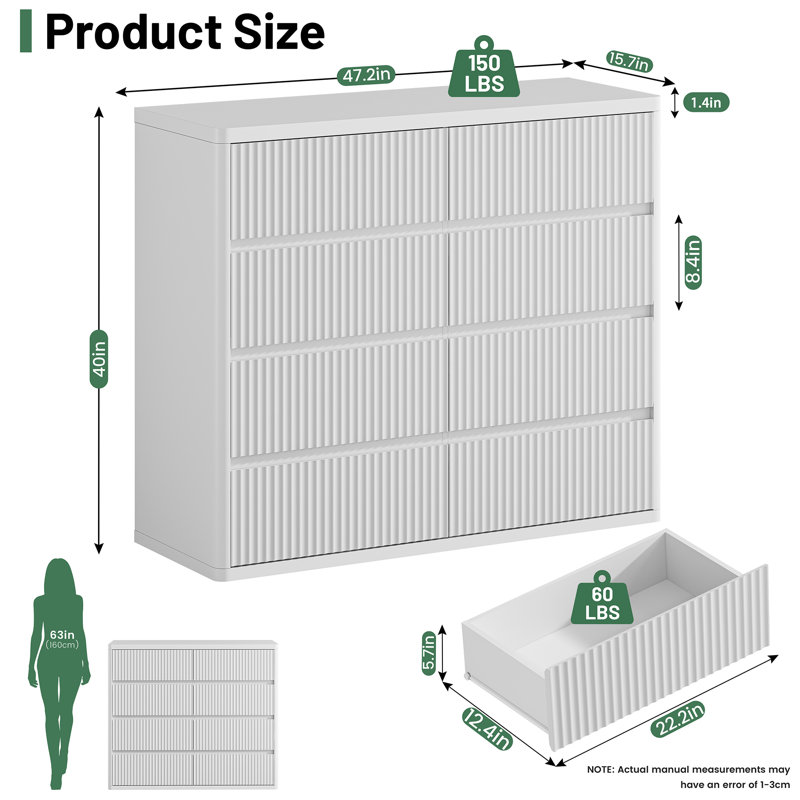 Fluted 8-Drawer Wooden Dresser, 48" Wide Modern Curved Chest of Drawers, White, White