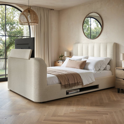 Megane Boucle Side Lift TV Ottoman Bed Cream Double