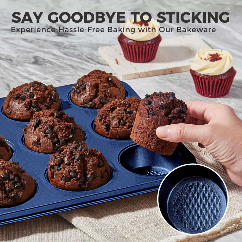 Ensemble de 9 plats de cuisson antiadhésifs 9 pièces, plaques de cuisson empilables à texture de diamant non toxique, comprend une plaque à biscuits avec support, un moule à gâteau, un plat à rôtir et un moule à muffins