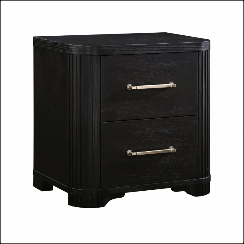 Table de chevet de chambre à coucher de style moderne avec 2 tiroirs en queue d'aronde, une élégante finition gris anthracite et des poignées en laiton poli
