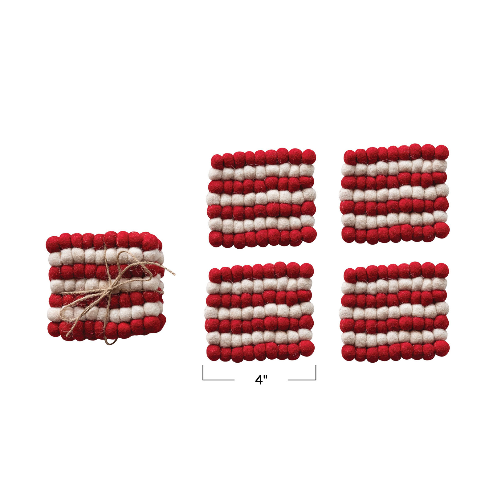 Handmade Wool Felt Coasters, Cream/Red