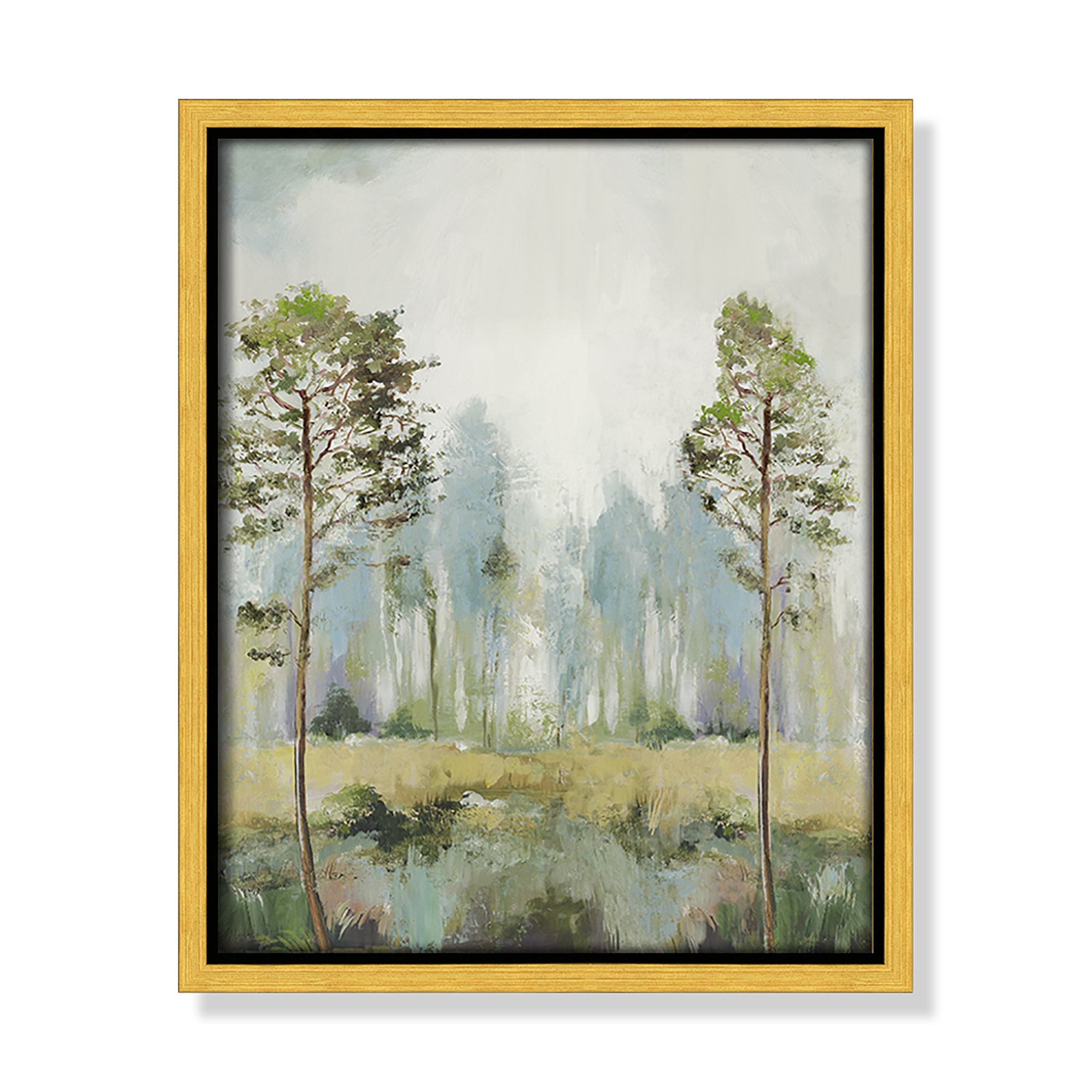 Tall Green Trees II by Teton Pearce - Floater Frame Print on Canvas, 11.5" H x 9.5" W, Gold