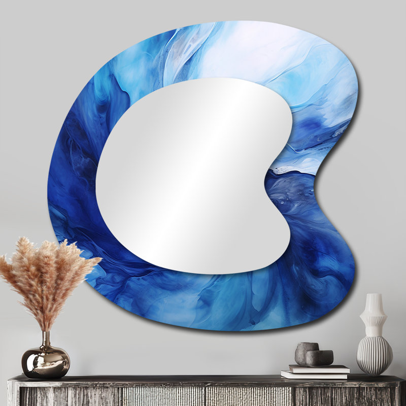«Gelach Blue Emotion» tachisme vagues 2 - grand miroir asymétrique Tachisme, miroir mural décoratif de forme unique moderne, impression d'art en métal
