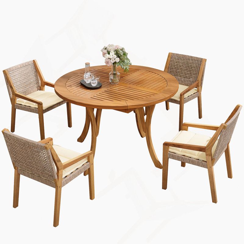Ensemble repas d'extérieur - table Hermosa en bois d'acacia de qualité supérieure et chaises en osier avec coussin crème pour une expérience culinaire confortable, convient aux grands rassemblements (1 table + 4 chaises)