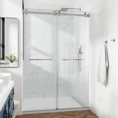 Porte de douche coulissante double 48 po x 76 po, conception, verre trempé 3/8 po, acier inoxydable avec nickel brossé, revêtement nano facile à nettoyer, largeur de 48 po, profondeur 48 po, acier nickelé de 10 mm, aspect salle de bain moderne