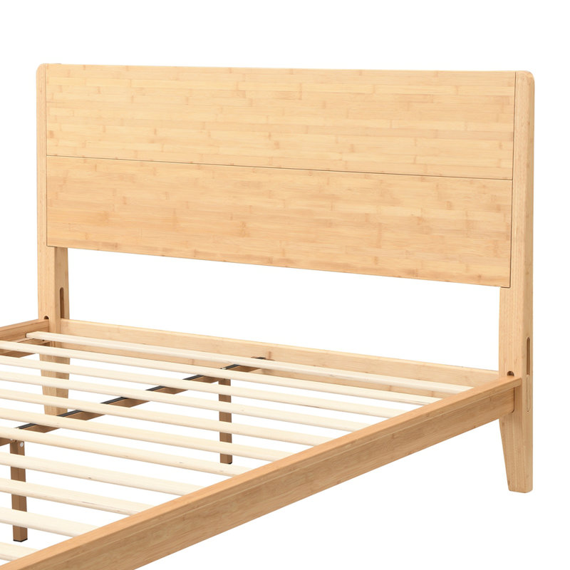 Mid-Century Modern 12 Inch Bamboo Wood Platform Bed with Wood Slat Support, No Box Spring Needed, Easy Assembly, Queen