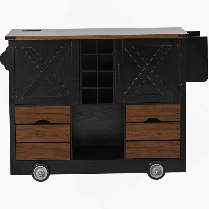 54" Farmhouse Kitchen Island With Drop Leaf, Power Outlet, Kitchen Storage Cart With 2 Doors, 2 Drawers, Rolling Kitchen Island On 4 Large Wheels With Spice Rack For Kitchen, Dining Room, Black