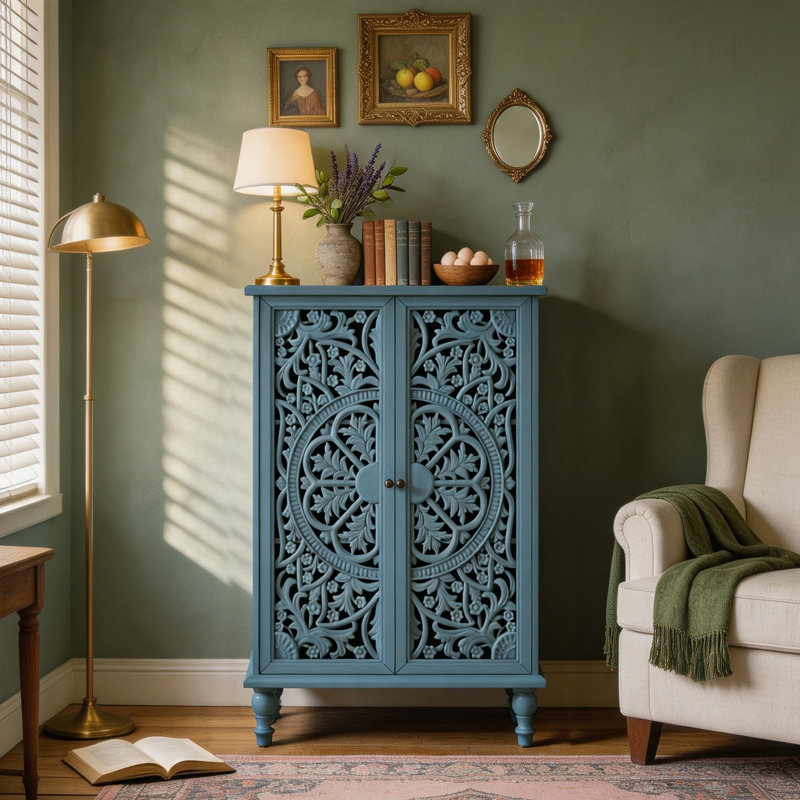 Armoire de rangement Farmhouse, armoire décorative 2 portes avec portes sculptées creuses, tablette réglable, Bleu antique