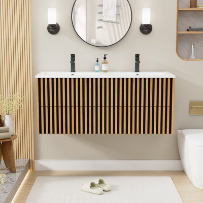 48" Modern Farmhouse Wall Mounted Double Sink Bathroom Vanity With Integrared Sink Top, Faucet And Drain