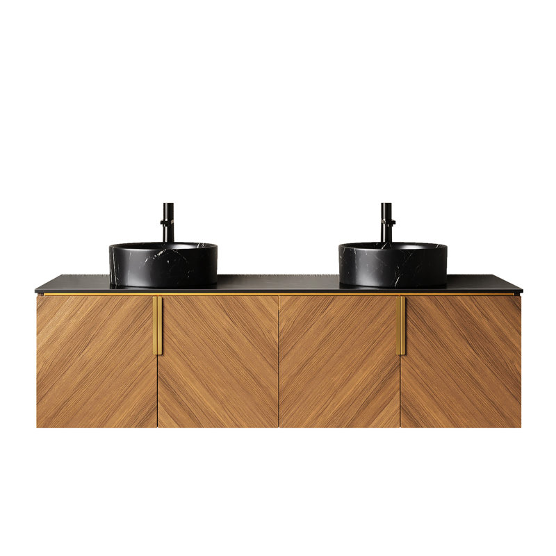 Meuble-lavabo de 60 po, lavabos ronds noirs, motif en pierre, comptoir fritté, chêne brun et système de fermeture en douceur, avec rangement facile à installer avec 2 lavabos en céramique, armoire à motif en marbre, -