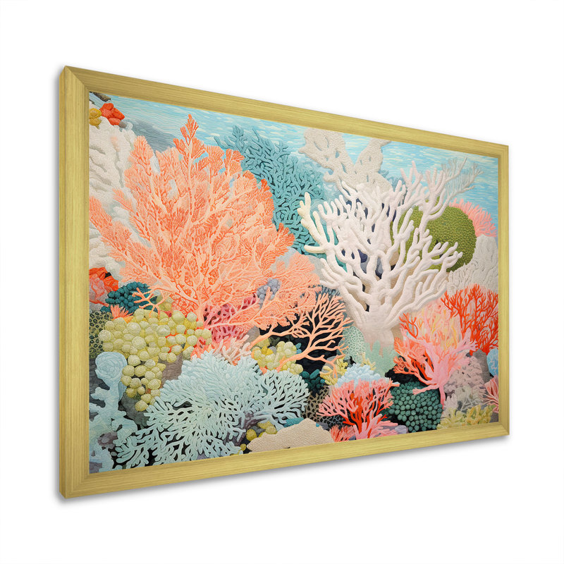 «Colorful Coral and Anemones Scenery I - Coastal Coral Under Water», reproduction d'art sur toile encadrée, Cadre doré simple