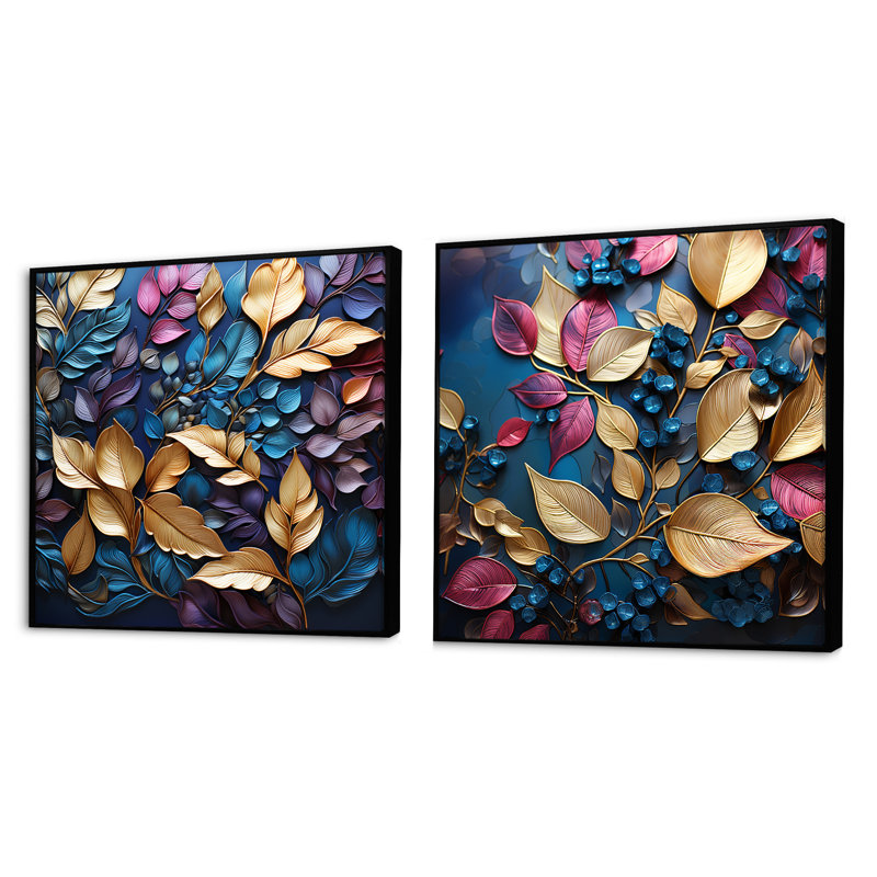 Feuilles dorées et bleues charmantes en hiver II - ensemble de 2 feuilles carrées, Cadre flottant noir, H 16 po x l 33 po