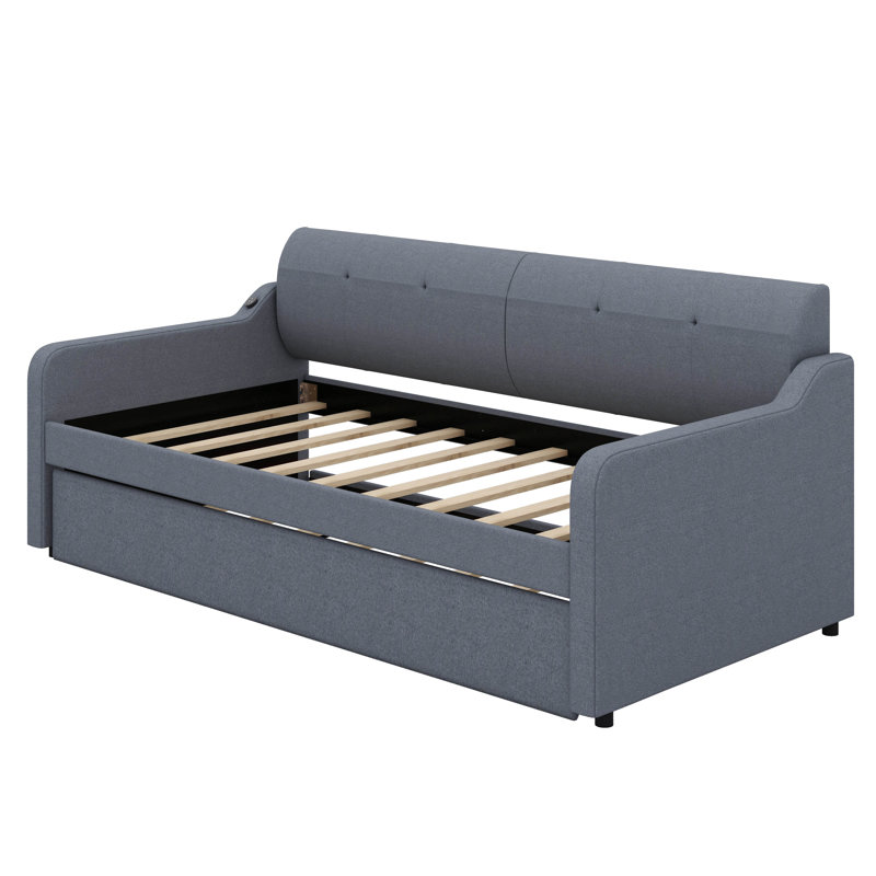 Twin Size Padded Daybed With Handy Trundle And USB Charging Ports, Gray