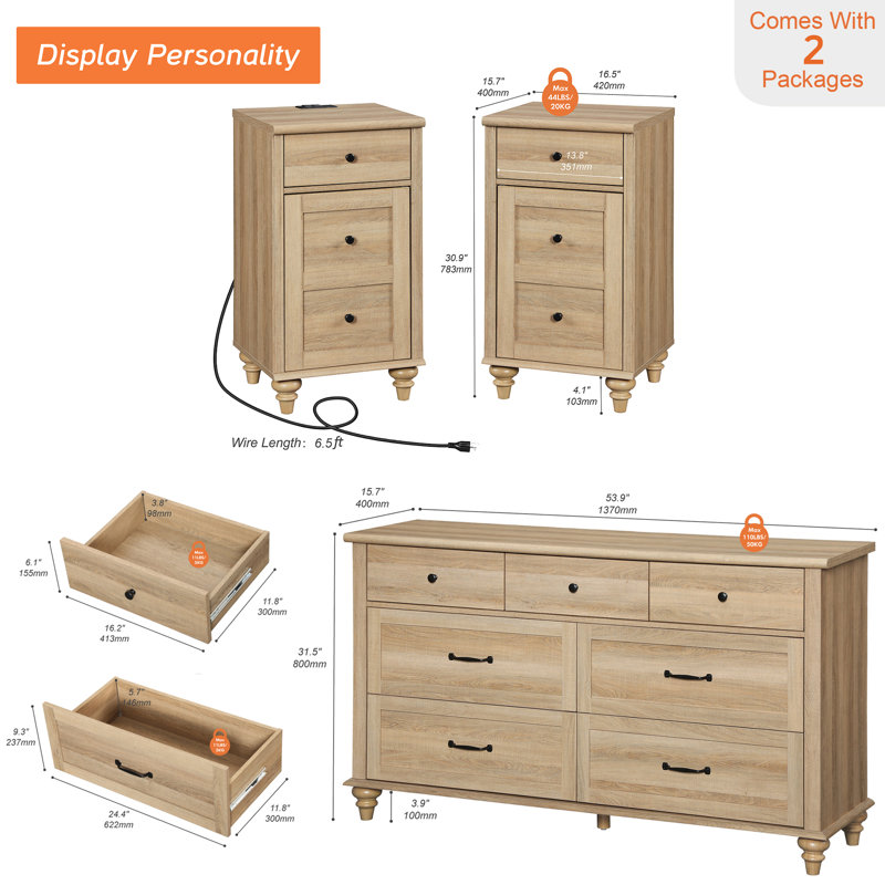 Ensemble de chambre à coucher 3 pièces - Comprend une commode 7 tiroirs Mid Century, un ensemble de 2 tables de chevet avec station de recharge, une commode 3 pièces et une table de chevet