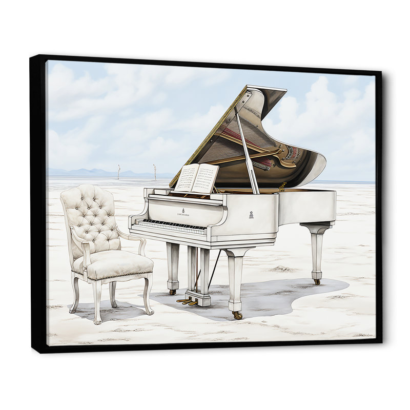 Piano à queue monochrome noir et blanc - art mural piano, Cadre flottant noir, H 30 po x l 40 po x P 1,5 po