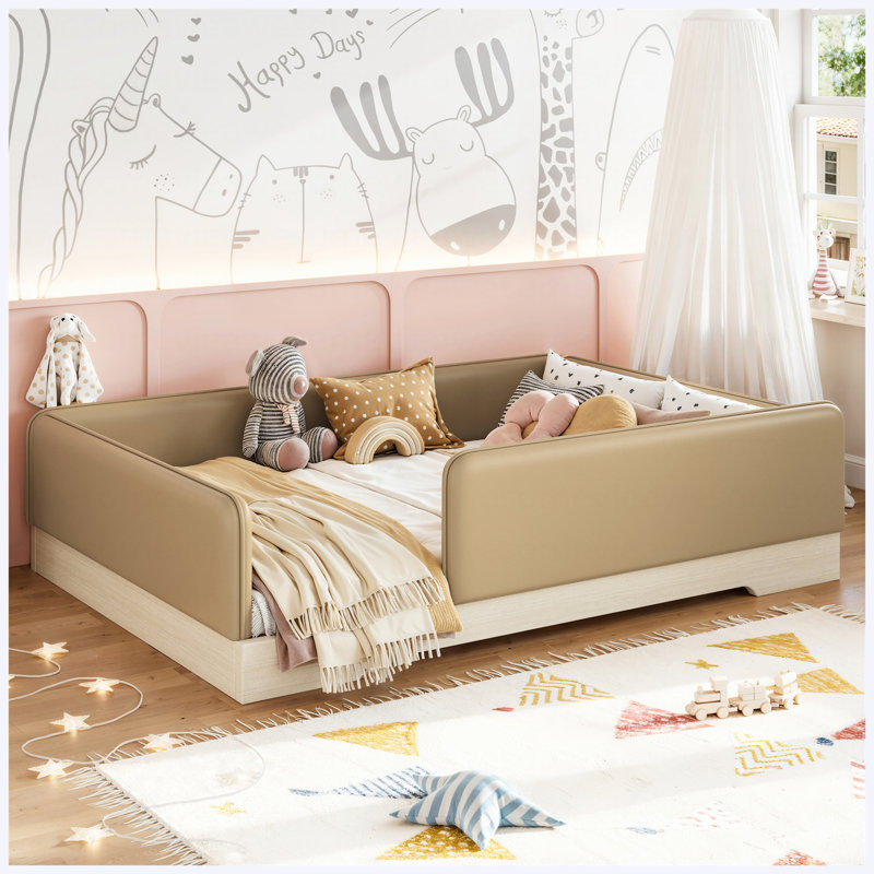Lit double en similicuir Montessori avec garde-corps amovibles, brun, Double