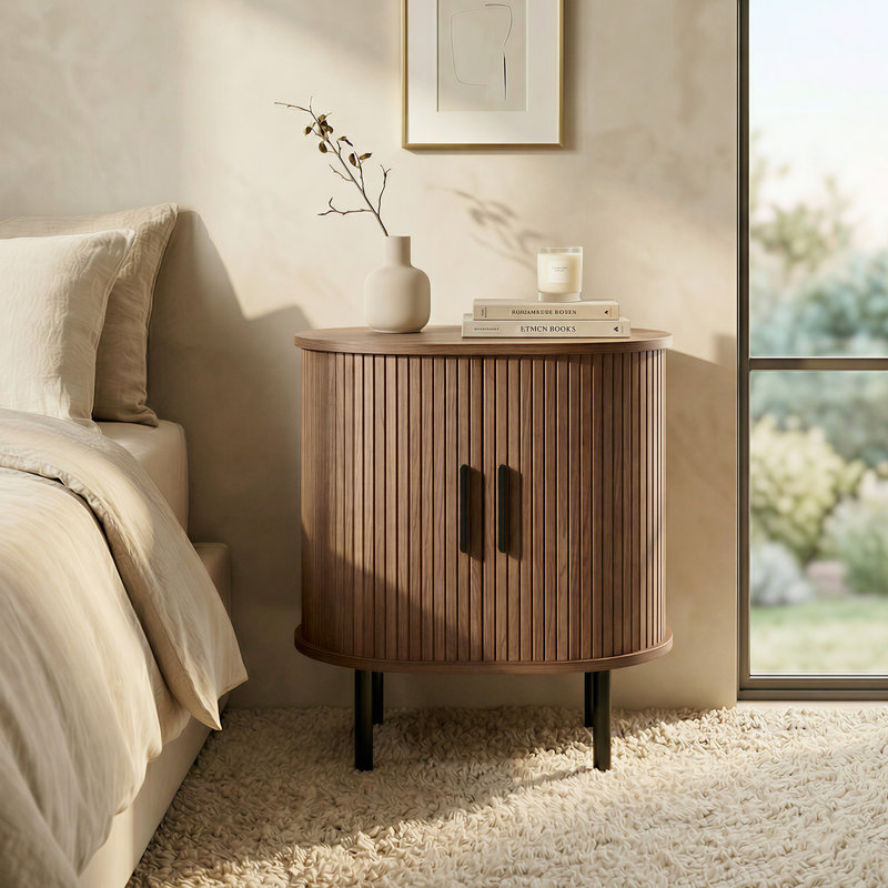 Table de chevet moderne avec rangement H 23,6 "Tambour, Noyer