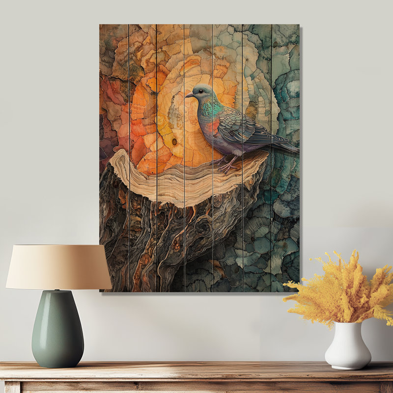 «Dove Animal At The Forest On Slide I» - Art mural en bois colombe - sur bois de pin naturel, H 44 po x l 34 po x P 0,78 po