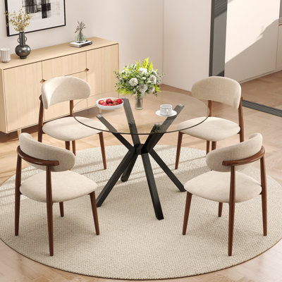36In Round Tempered Glass Dining Table With Rice-Pattern Metal Legs & Cotton-Linen Upholstered Rubber Wood Dining Chair Set For Kitchen Dining Room