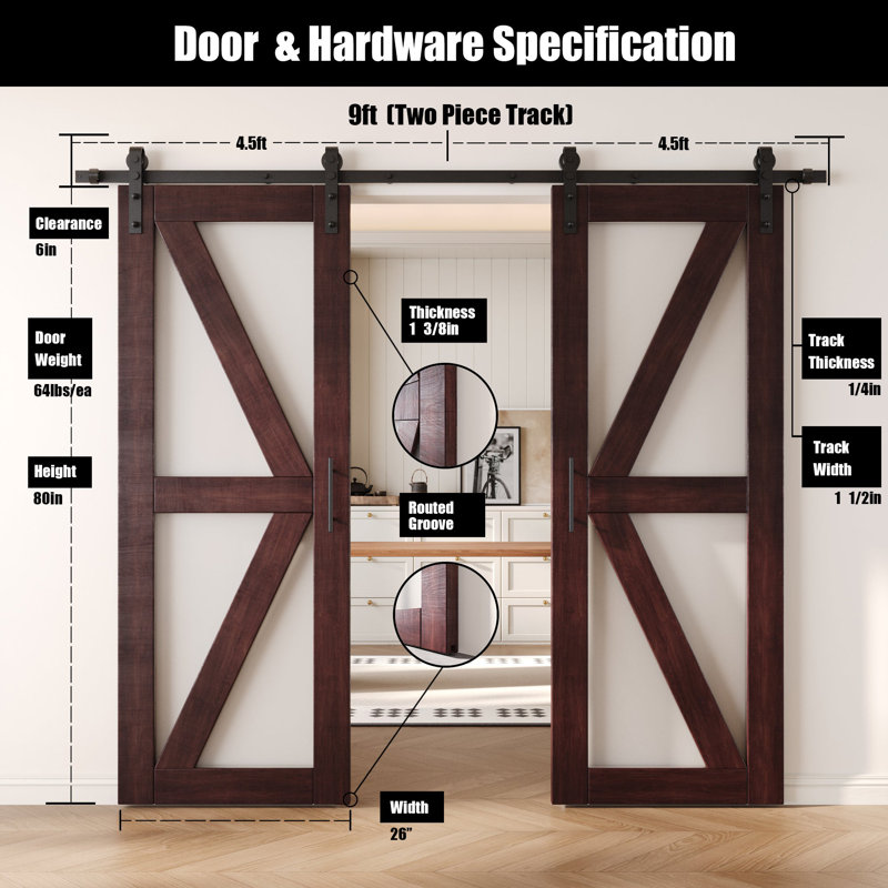 Portes de grange non assemblées et finies avec ensemble de quincaillerie d'installation non encastrée 26 po x 80 po Homacer