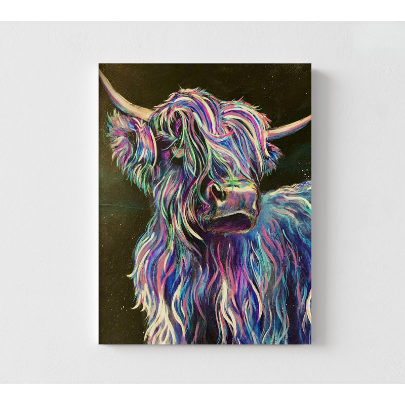 «Highland Cow» par Emma Catherine Debs, impression de cowboy encadrée, art animalier multicolore, peinture de vache colorée, art occidental arc-en-ciel, art mural encadré