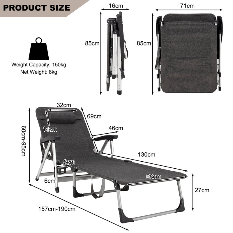 Agnija 190cm Long Reclining Single Sun Lounger, Grey