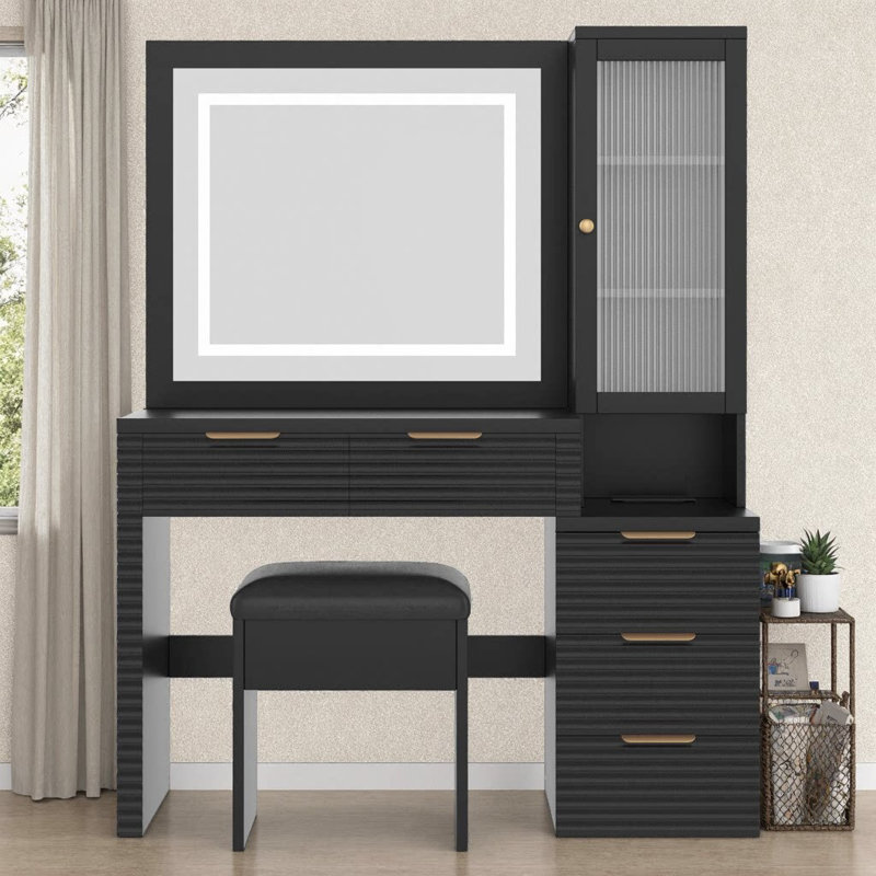 Meuble-lavabo noir cannelé 43 po avec miroir lumineux, station de charge, 5 tiroirs et armoire en verre, support pour sèche-cheveux, tabouret de rangement