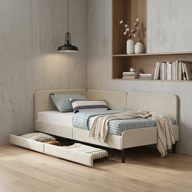 Canapé-lit convertible simple en velours avec tiroirs de rangement - Lit de jour beige peu encombrant, sans sommier, Beige