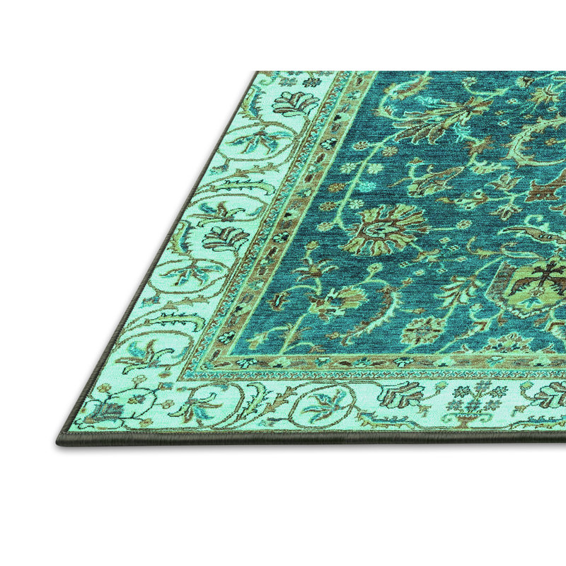 Tapis turquoise / bleu sarcelle tissé à la machine Edicott, Rectangle 2 pi x 3 pi