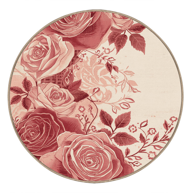 Machine Washable Paesyn Rose Classic Floral Rug in Beige – Beige Binding, 8' Round