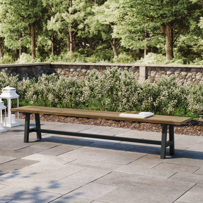 Banc d'extérieur Morones en teck massif recyclé avec pieds en aluminium noir de style pique-nique