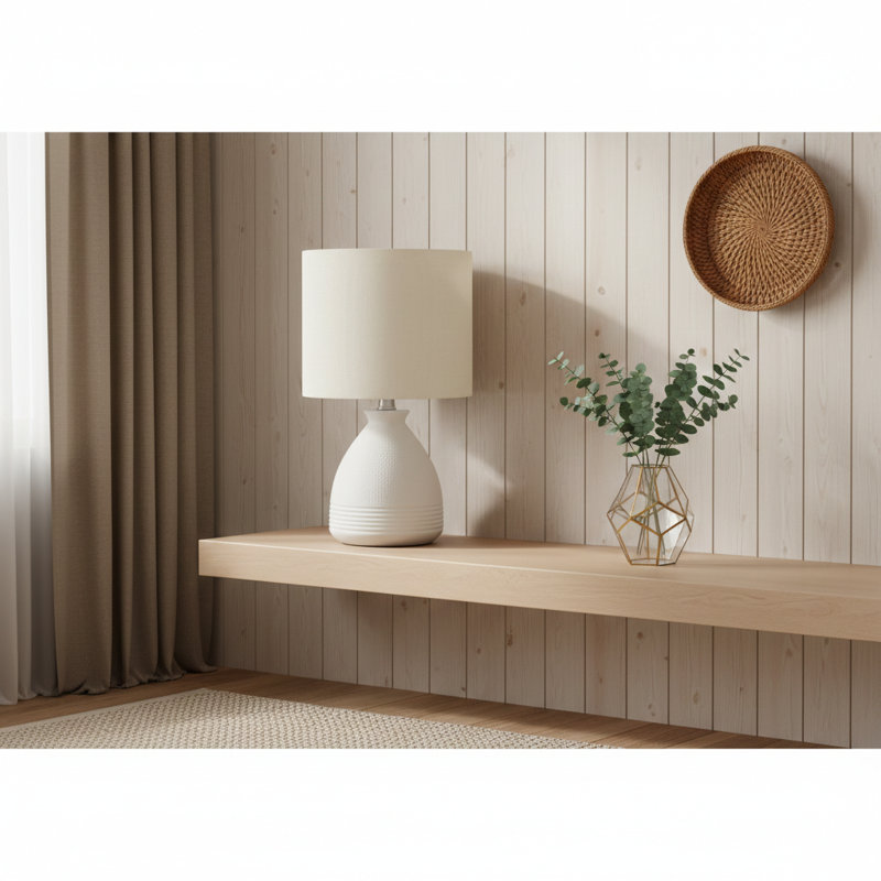 Lighting, H 17 po, lampe de table, céramique crème, abat-jour ivoire / crème, moderne