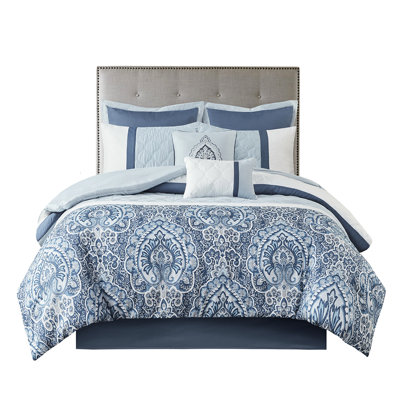 8 Piece Queen Comforter Collection - And Printed Design Blue White Pieces With Microfiber