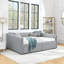 Queen daybed: upholstered sofa bed, two-drawer trundle, vertical stripes, linen fabric (86.5"x65"x30")-1365220586
